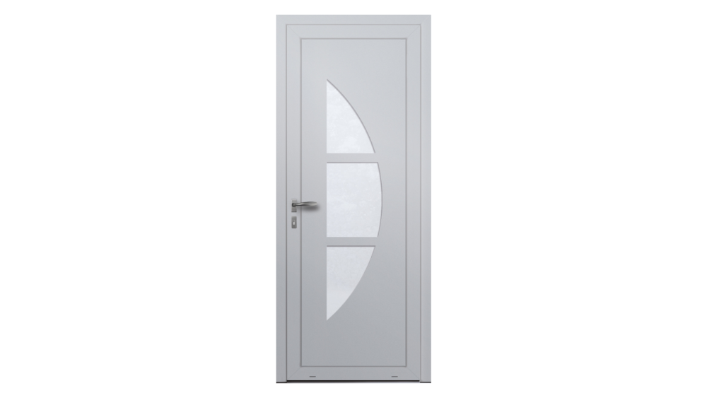 Porte d'entrée PVC parclosé SANAGA Porte d'entrée blanche avec décor en demi lune et formes géométriques
